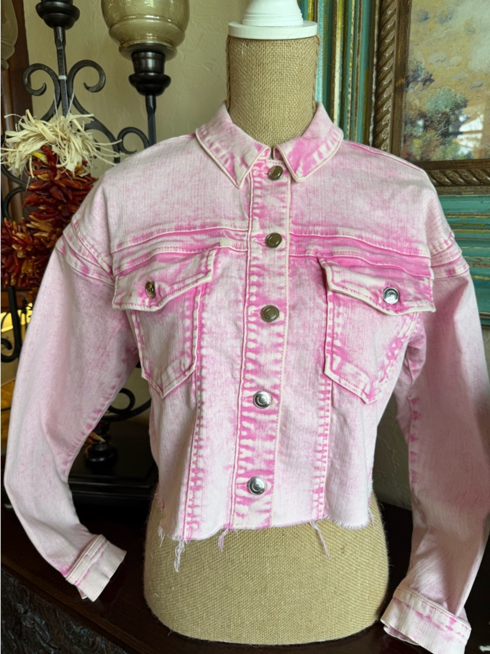 Gianni Bini Pink Distressed Cropped Denim Jacket